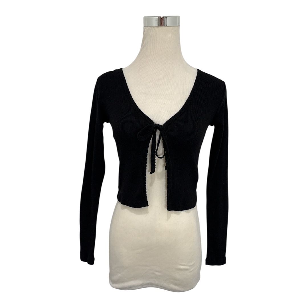 Forever 21 Women's Black Tie-Front Sweater Knit Top Ribbed Cropped Long Sleeve S