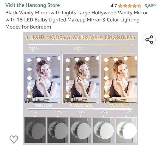 Large Black Vanity Mirror 3-Color Dimmable Lighting