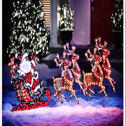 5 Ft long Holographic Santa in Sleigh with 4 Reindeer Outdoor Indoor Holiday Yard Christmas Display Pre Lit