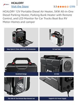 HCALORY 12V Portable Diesel Air Heater, 5KW All-in-One Diesel Parking Heater