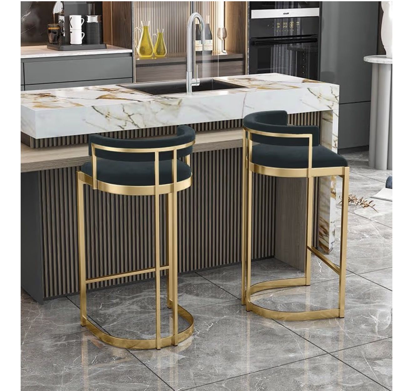 Set of 2 Black Velvet Bar Stools with Back Footrest and 330lbs Load Capacity Counter Height Chairs for Kitchen Island