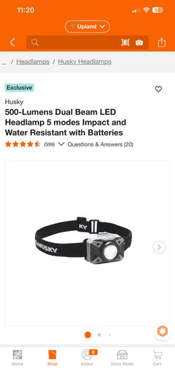Husky 500-Lumens Dual Beam LED Headlamp 5 modes Impact and Water Resistant with Batteries