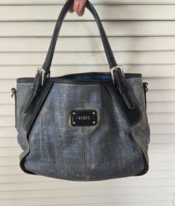TOD'S Blue Coated Canvas Leather Trim Satchel Tote Handbag