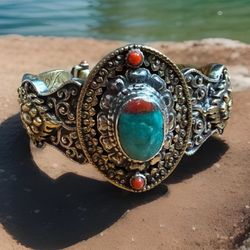 Stunning & Vintage Hand Carved Tibetan Auspicious Symbol & Floral Pattern Cuff Bracelet 75grams