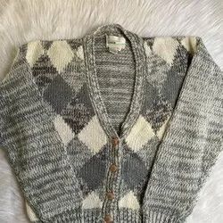 Vintage Deb Cardigan Knit Sweater Womens Size Medium Grey Button Up Long Sleeve