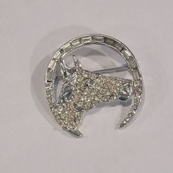 Vintage Horse Horseshoe Silver Brooch Pin Sparkly Rhinestone Equestrian 1.5"