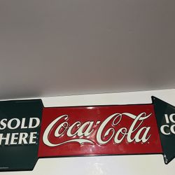 c.1990 "ICE COLD COCA-COLA SOLD HERE" Tin Arrow Shaped Embossed Sign - 27" x 9"