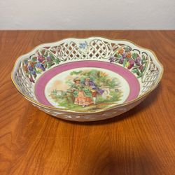 Antique Bavarian Germany Reticulated Bowl Schumann Dresden Line Courting Couple Porcelain Collectible