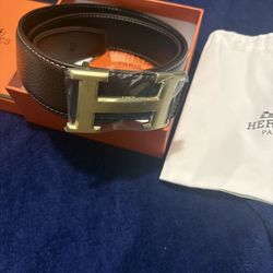 Dark Brown Hermes Belt With Gold Buckle