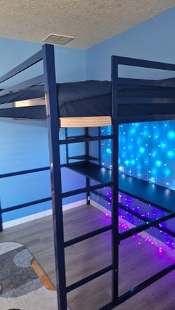 Dark Blue Metal Loft Bed with Desk