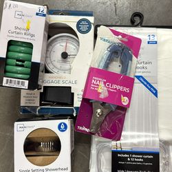Shower curtain & rings, luggage scale, pet clippers, shower head, safety bar, 12 butter knives