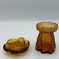Vintage Amber Glass Decor Set Trinket Dish & Pedestal Holder Tree Bark Amberine Mid Century