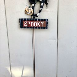 Vintage Halloween “Spooky” Black Cat & Pumpkin Metal Garden Stake