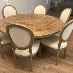 Restoration Hardware Vintage French Louis XVI Style Dining Chairs (x6) & Round Table - Oak With Distressed Finish & Linen Fabric