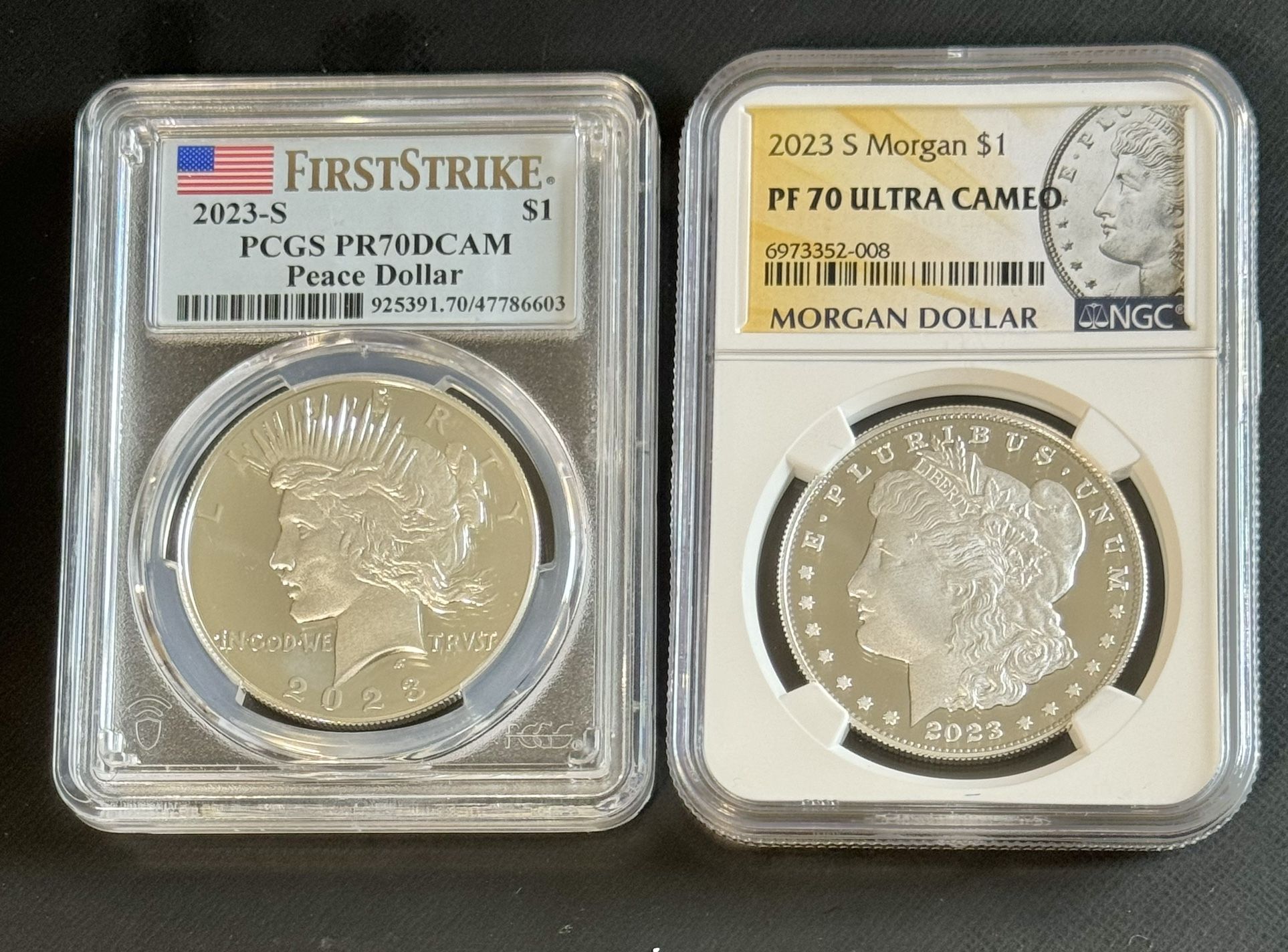 2023-S Proof $1 Morgan and Peace Silver Dollar 2pc Set PCGS/NGC PR70DCAM