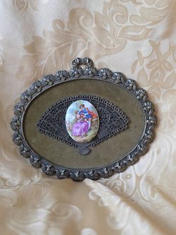Vintage Framed Porcelain Plaque with Romantic Scene