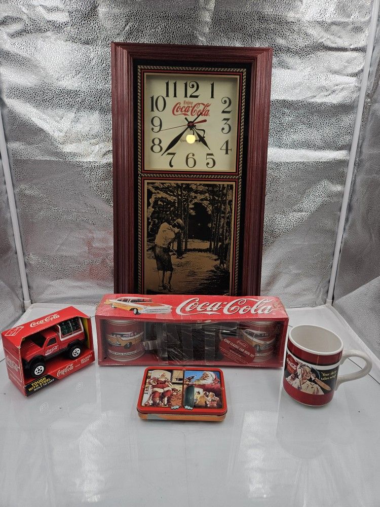 Vintage Coca-Cola (Rare Golf) Wall Clock ( Mugs, Playing Cards & Truck Toy) Lot