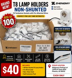 Zhengmy T8 Non-Shunted Lamp Holders – Box of 100 New