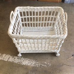 Vintage Pottery Barn Wicker Rattan Wheels Basket