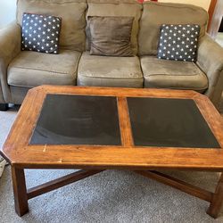 SOLID WOOD COFFEE TABLE with SLATE INSERTS— Beautiful Octagonal Table 