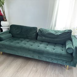 Green velvet sofa couch with gold legs