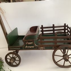 Vintage Wooden Garden Wagon “Green Arrow” Rustic Decor Cart – L 26” W 16” H 13” – Excellent Condition