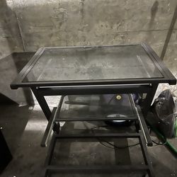 Glass & Metal TV Stand With Moving Shelves On Rollers