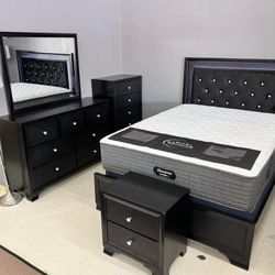 Black Led Bedroom Set Bed, Dresser, Mirror, Nightstand, Chest 
