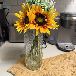 Sunflower in large vase with greenery 17 inches tall