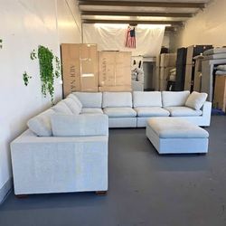 FREE DELIVERY White Fabric U-Shaped Sectional with Ottoman