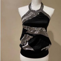 Bebe Silk Sequin Halter Top Black Silver Women M Evening Party Cocktail Blouse Top