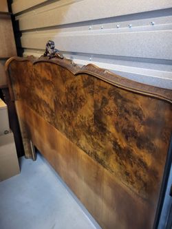 Antique French Louis XV / Art Deco Queen Burl Walnut Headboard