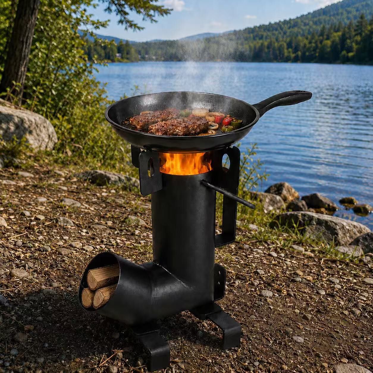 New In Box Wood Burning Rocket Stove Camping Fishing Rocket Stove for Outdoor Camp Site Cooking with Skillet
