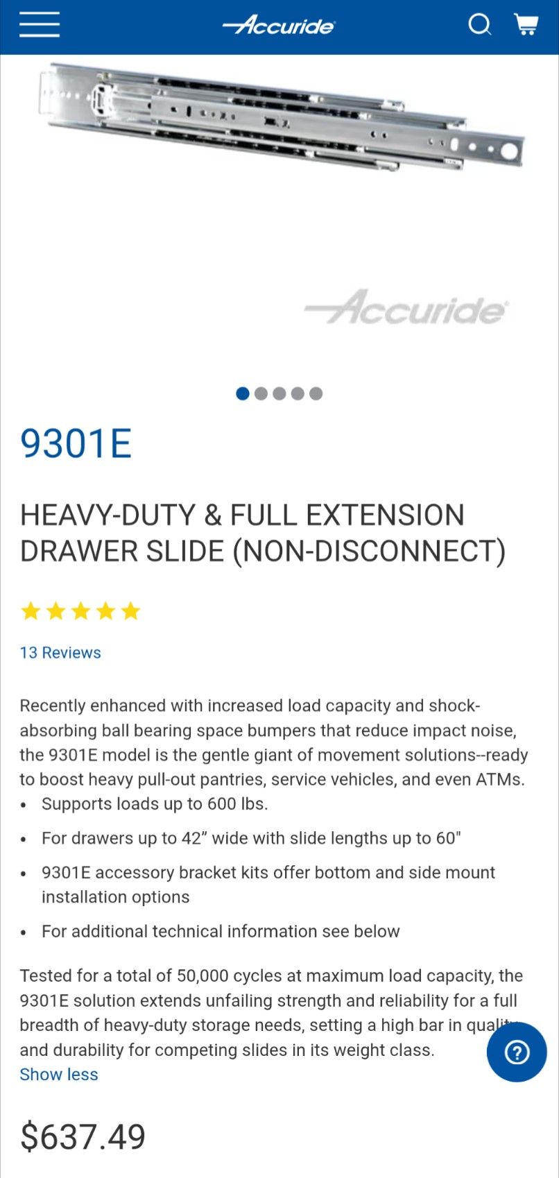 Accuride 9301E 60 inch Drawer Slides