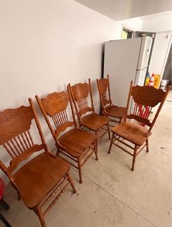 Set of 5 Solid Oak Pressed Back Dining Chairs
