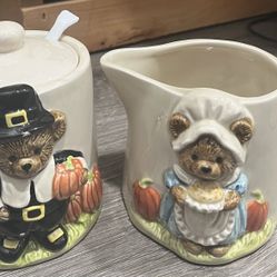 Never Used Otagiri Bear Thanksgiving Ceramic Creamer Sugar Spoon Set Japan Pilgrim