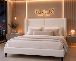 King Platform Bed with Tall Bouclé Headboard, Solid Wood Legs, Modern Luxury Design (white) NEW J-11