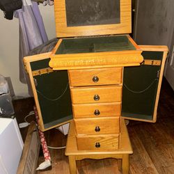 Vintage Powell Solid Wood Mirrored Jewelry Armoire Cabinet Box Furniture Stand