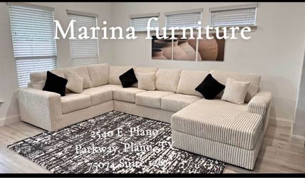 Large Cream Corduroy Sectional Sofa with Chaise