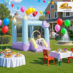 Qaba Bounce House, Inflatable Bouncer with Air Blower, Outdoor & Indoor Bouncy Castle with Slide, Stakes, Repair Patches, Storage Bag, for Kids Ages 3