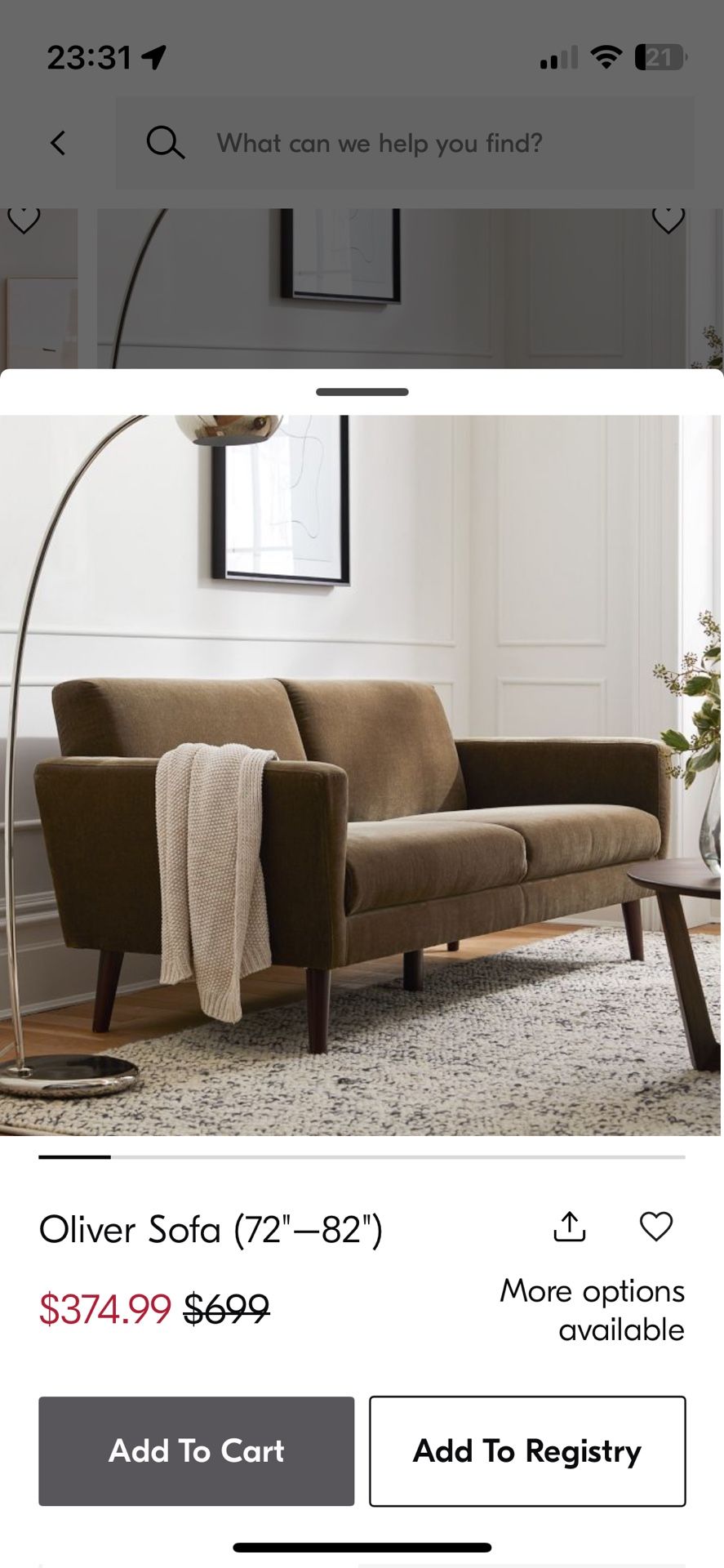 West Elm Oliver Sofa 72 inches Juniper OBO