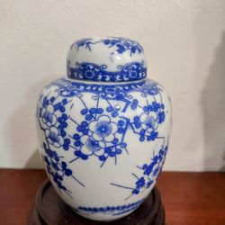 5" Vintage Blue and White Ginger Jar with Cherry Blossom Drawings and Lid.