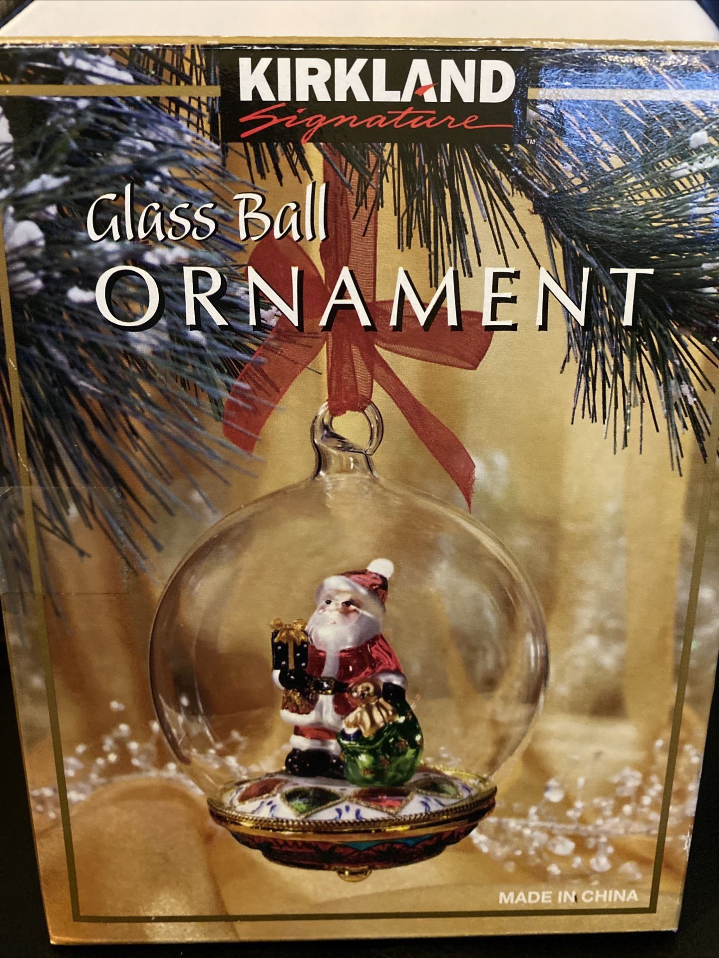 Vintage 2003 Kirkland Winter Santa Claus Glass Ball Ornament Winter Christmas 4"