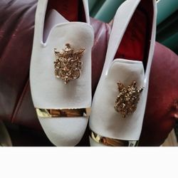 White W/ Gold Trim  Velvet Like Men's Shoes
