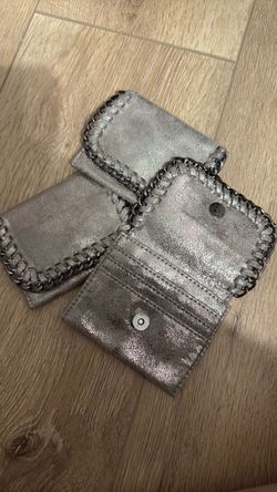 Set of 3 silver leather card case wallets with gunmetal chain detail