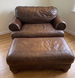 Brown Leather Oversized Chair and Ottoman Set