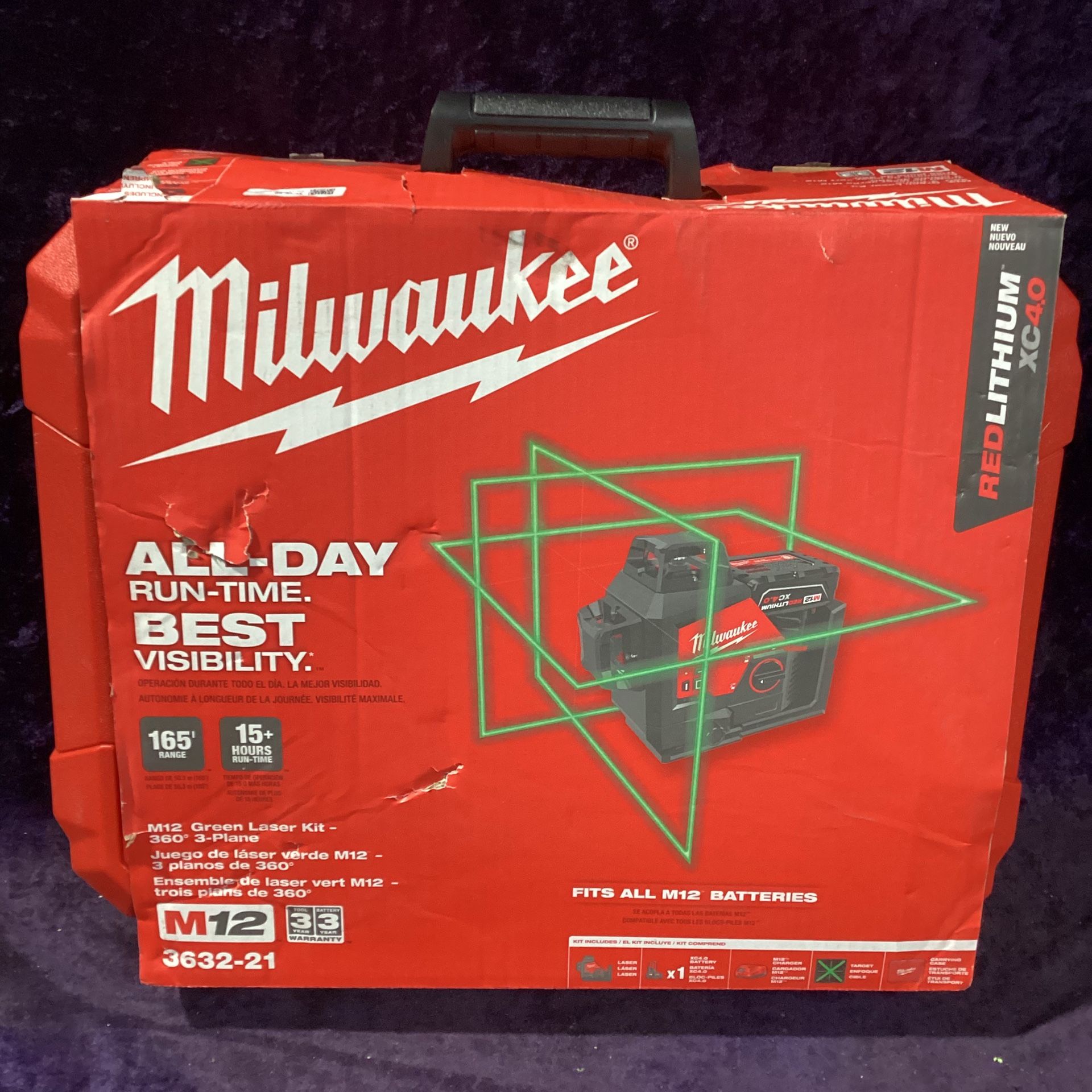 🧰🛠Milwaukee M12 Green 250ft. 3 Plane Laser Level Kit w/(1)4.0Ah BattCharger & Case NEW! $485!🛠🧰