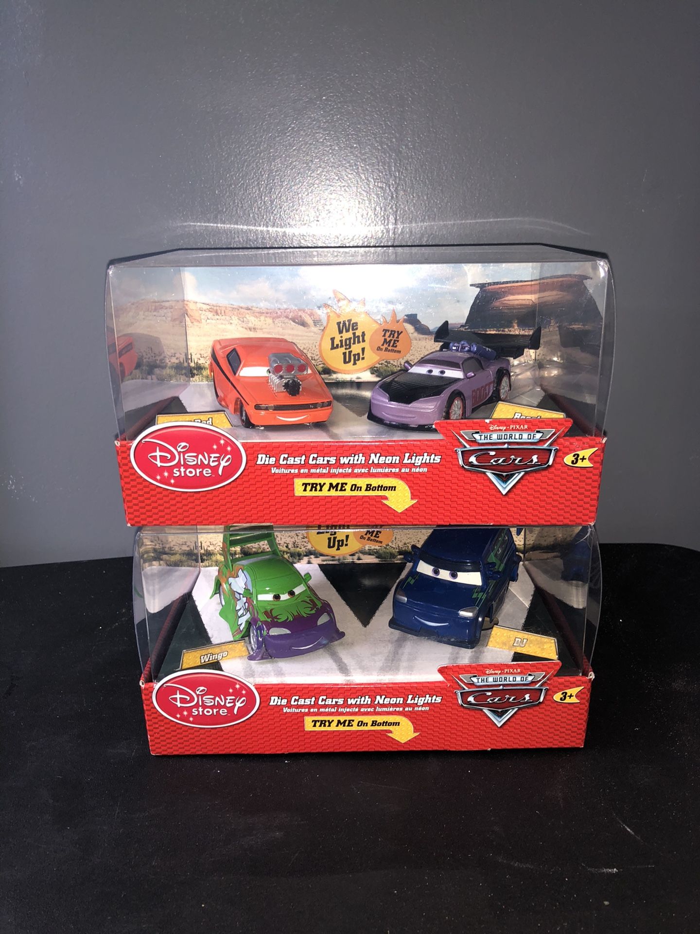 Disney Store Cars 1 Die Cast Cars With Neon Lights Wingo & Dj Original And Shot Rod & Boost
