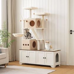 Double Litter Box Enclosure with Cat Tree, 45.3" L x 17.7" W x 68.9" H All-in-One Modern Cat Tower with Bed, Hidden Litter Box Enclosure Furniture, wi