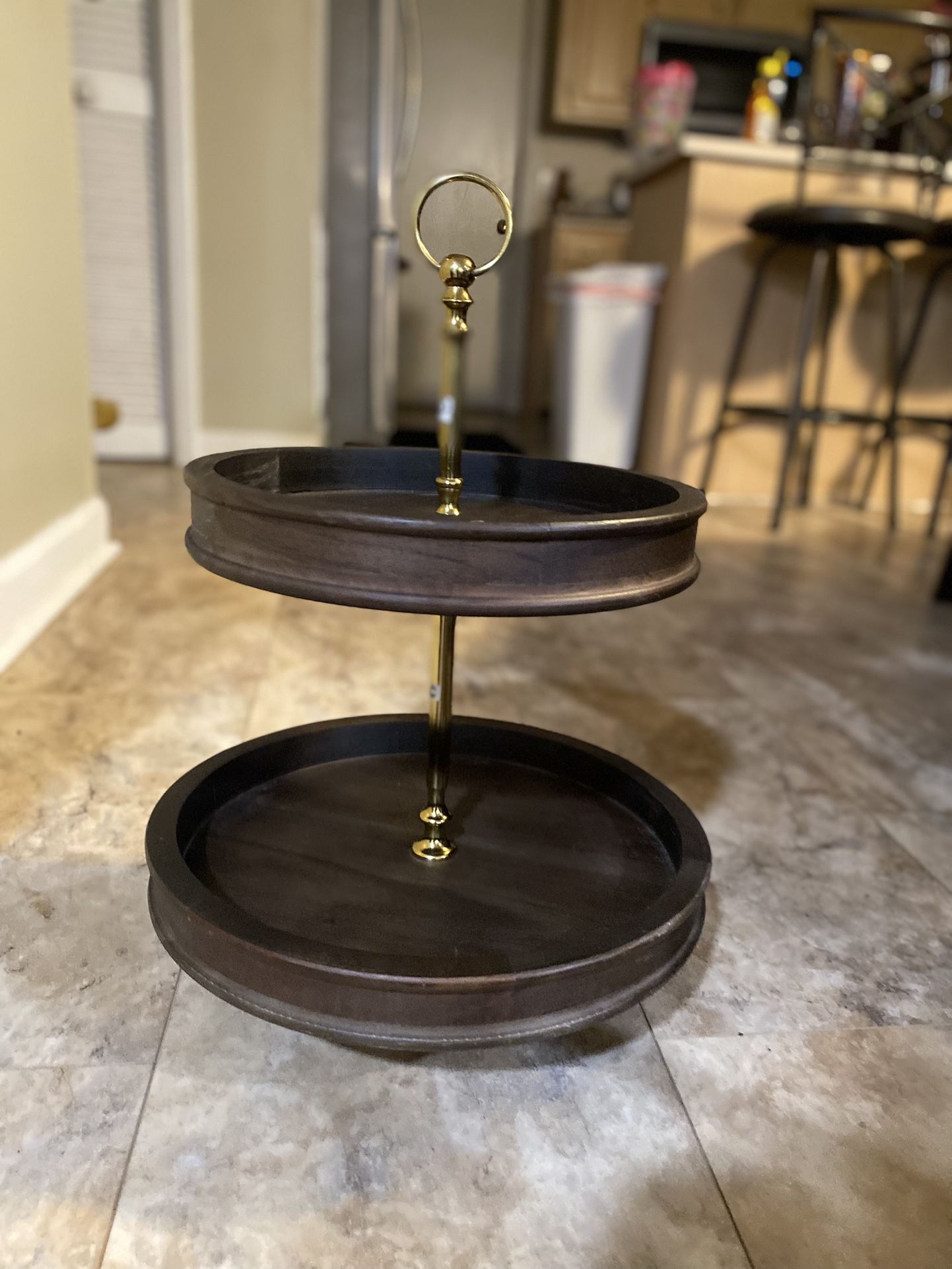 2 Tier Wooden cupcake stand with brass hardware.